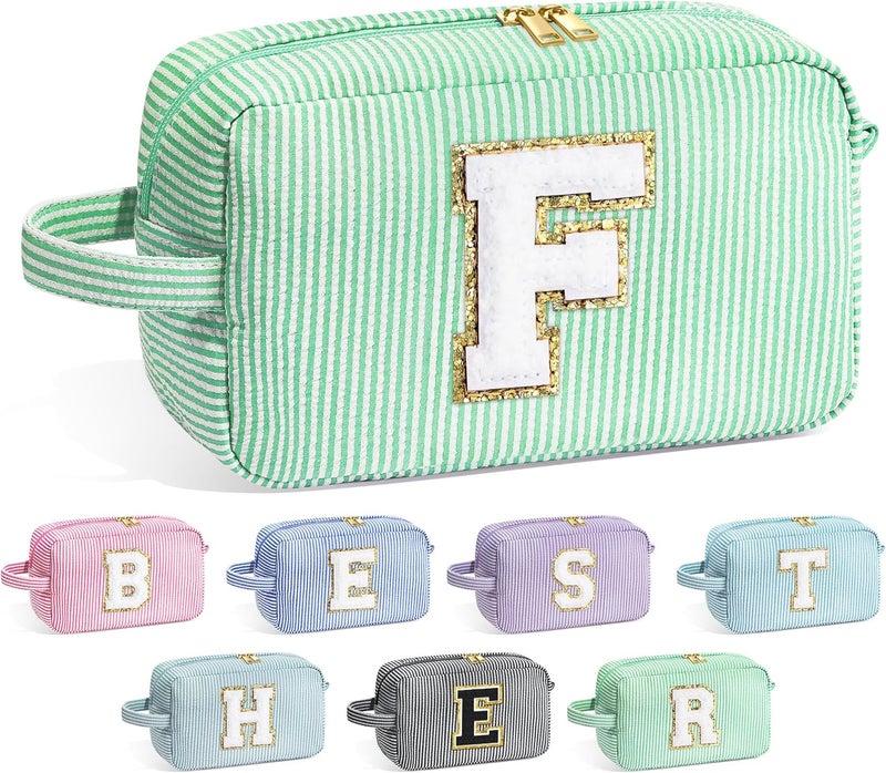 YOOLIFE Gifts for Women Teen Girls Kids - Initial Makeup Bag Cosmetic Case Toiletry Pouch, Birthday Gifts for Women Friends Sister Teacher, Light Green F - Image 1